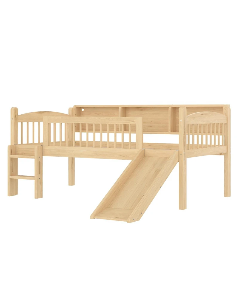 Streamdale Furniture Twin Xl Loft Bed with Storage Shelves, Led Lights, Guardrails, Natural
