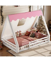 Streamdale Furniture Full Size House Floor Bed with Tent and Light, Solid Wood Teepee Design