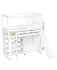 Streamdale Furniture Wood Twin Size Loft Bed with Wardrobe, Storage Shelves, Slide and Led