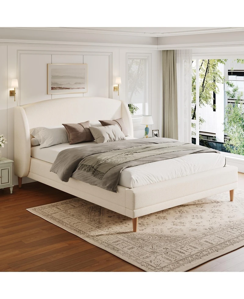 Streamdale Furniture Queen Upholstered Platform Bed, Boucle Fabric, Wingback Headboard