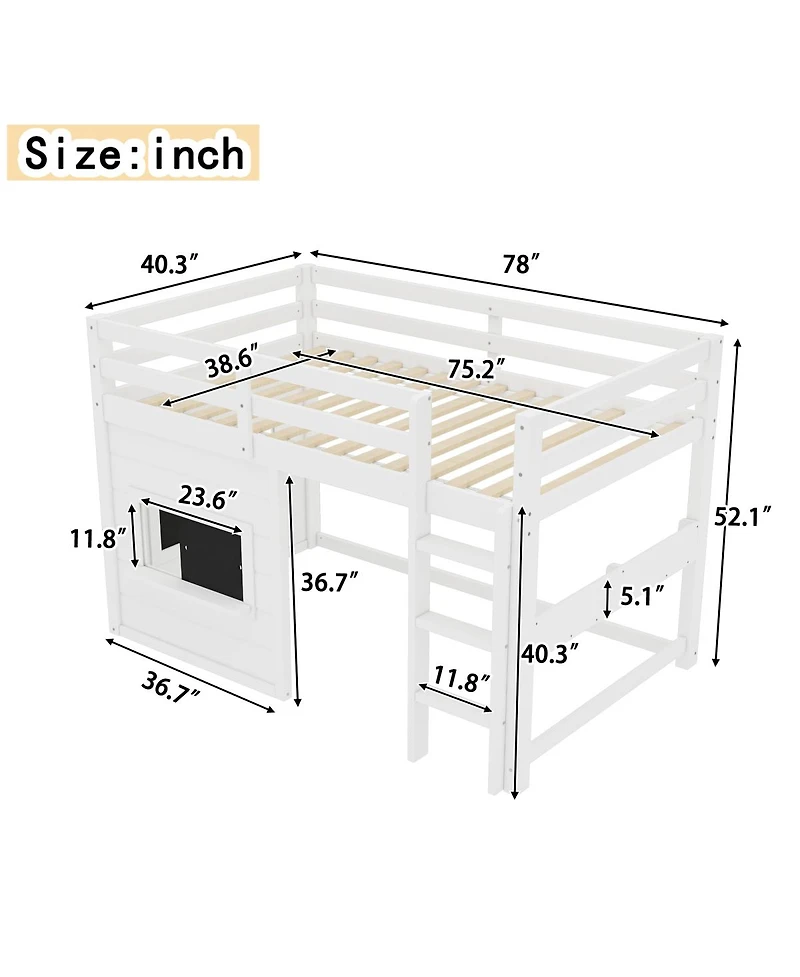 Streamdale Furniture Twin Loft Bed w/ Chalkboard, Bookshelf, Safety Rails