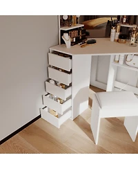 gaomon Corner Vanity and Stool, Desk with Mirror Lights, Makeup Power Outlet