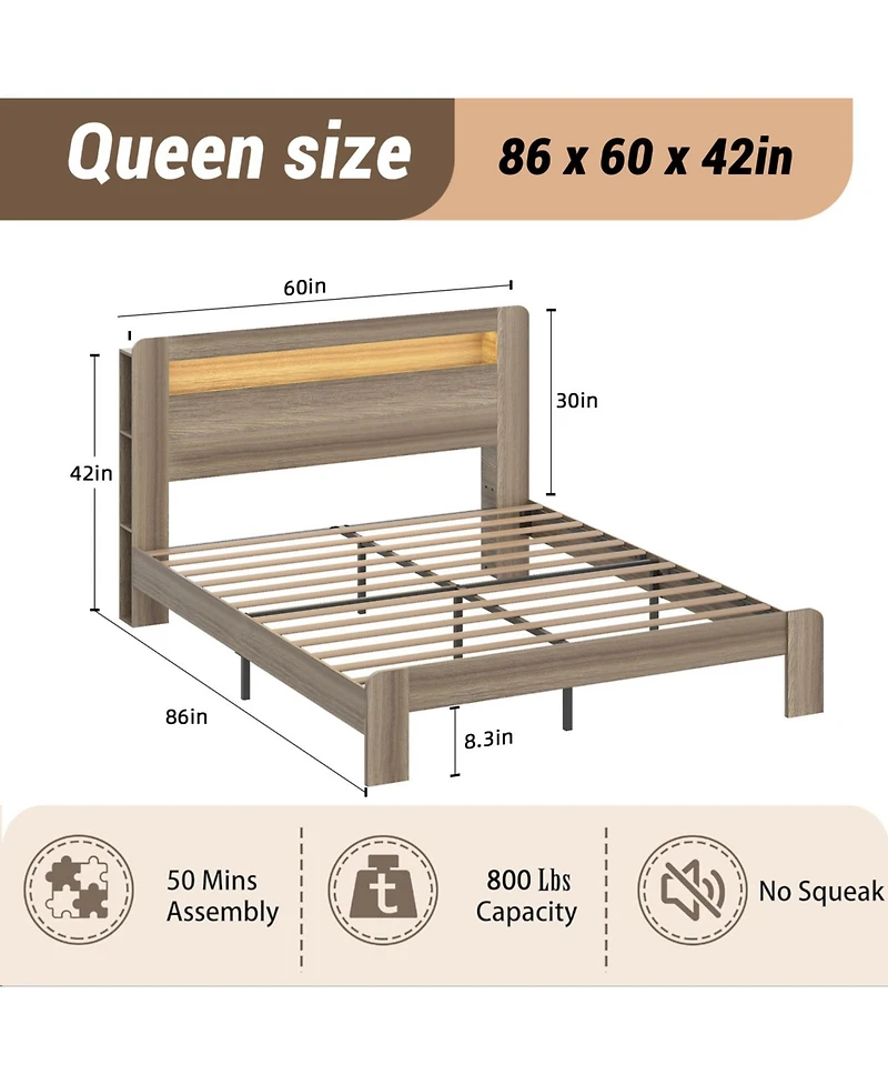 Streamdale Furniture Queen Wood Bed Frame- Led Headboard, Usb Ports, Storage