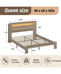 Streamdale Furniture Queen Wood Bed Frame- Led Headboard, Usb Ports, Storage
