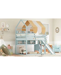 Streamdale Furniture Full house Bed with Canopy, Slide & Built-In Bookshelves