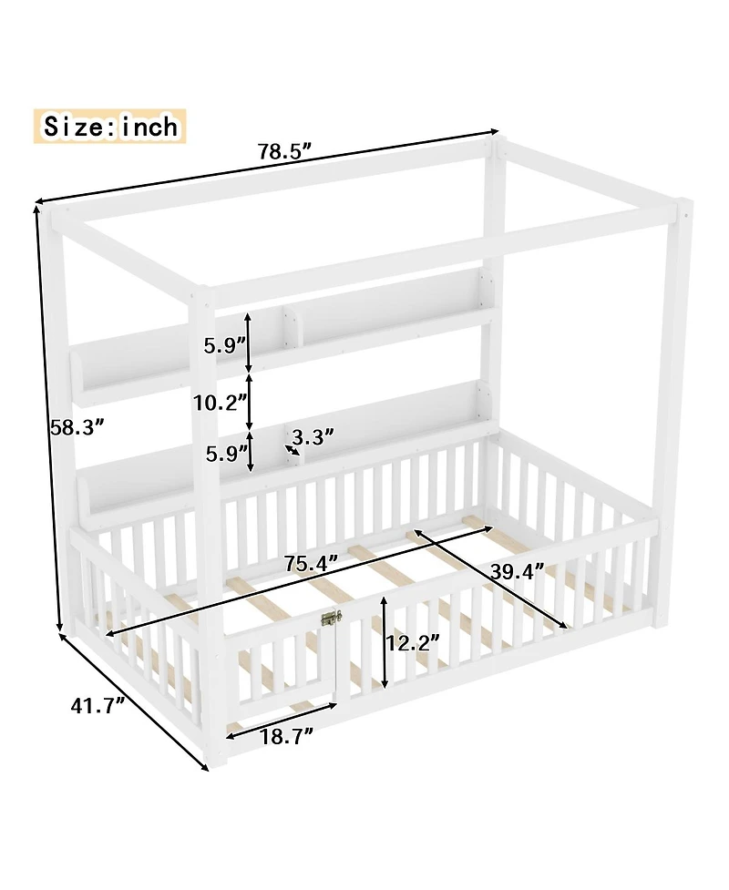 Streamdale Furniture Twin Size Solid Wood Canopy Floor Bed with Guardrails & Shelves - White