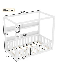 Streamdale Furniture Twin Size Solid Wood Canopy Floor Bed with Guardrails & Shelves - White