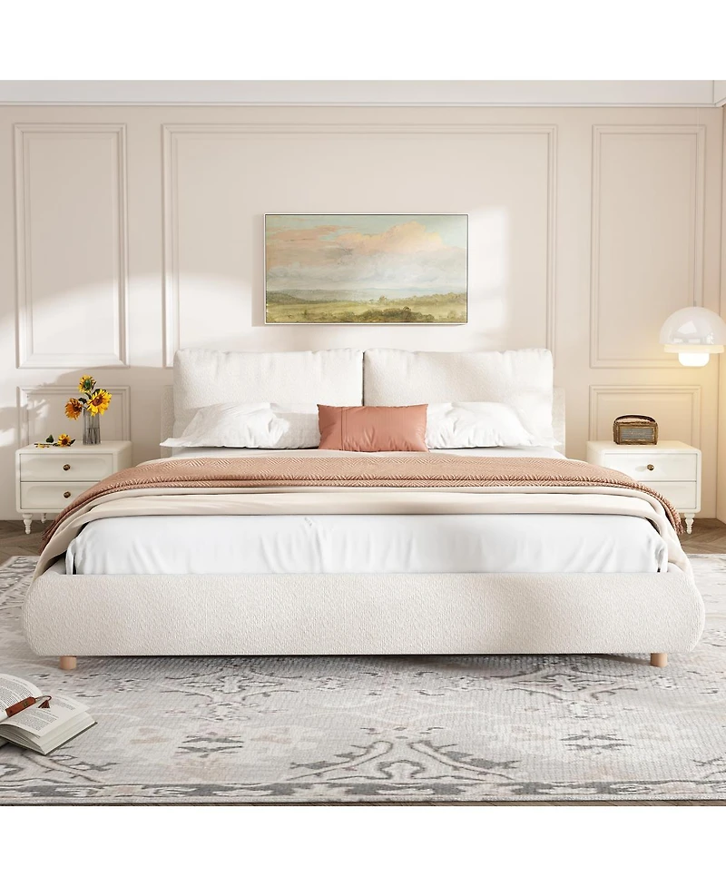 Streamdale Furniture King Size White Boucle Upholstered Platform Bed with Removable Pillow Headboard