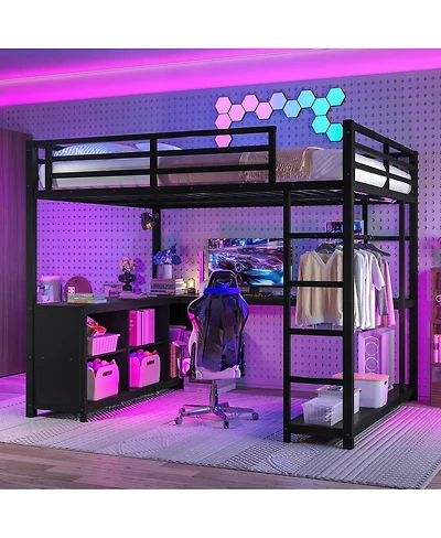 Streamdale Furniture Metal Loft Bed with Wardrobe & L-shaped Desk, Queen Size