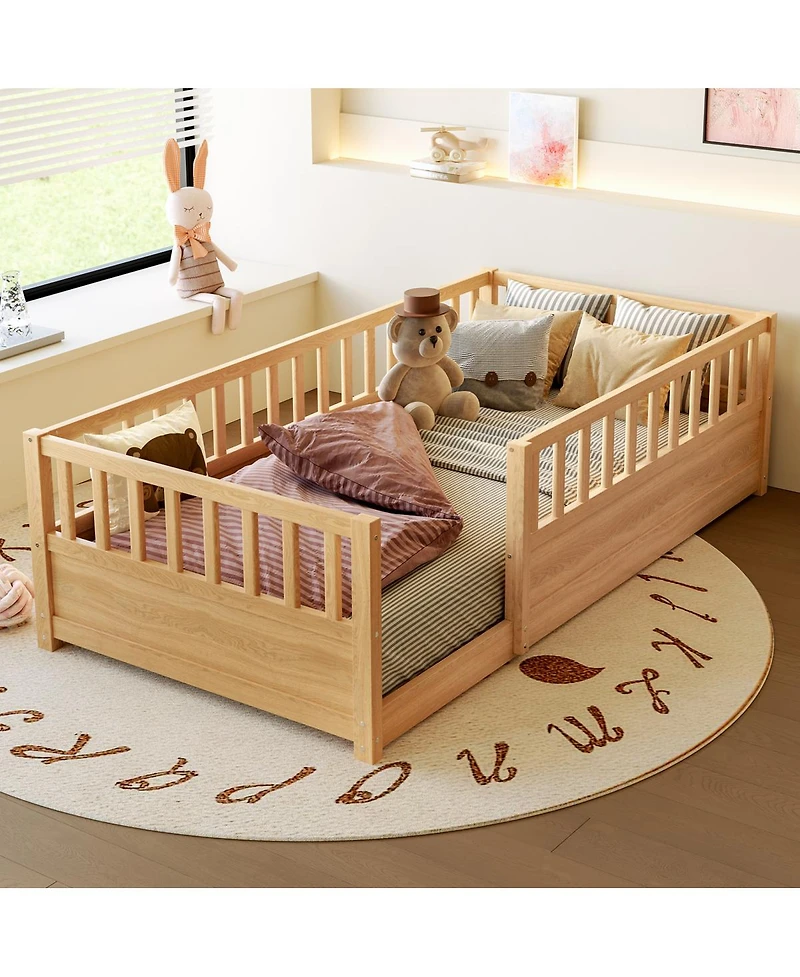 Streamdale Furniture Twin Size Montessori Floor Bed with High Security Barrier and Door, Natural
