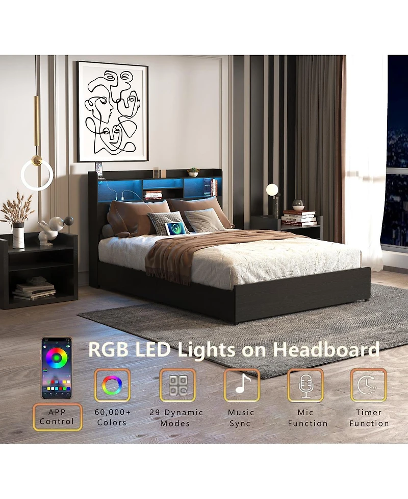 Streamdale Furniture Streamdale Queen Bed Frame with 4 Storage Drawers, Headboard, Led & Charging Station