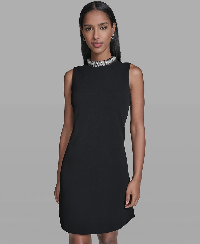 Karl Lagerfeld Paris Women's A-Line Embellished Mock Neck Dress