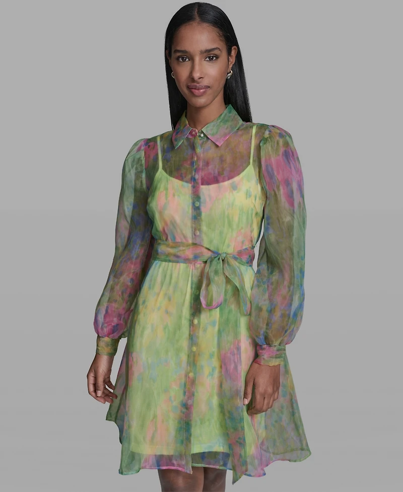 Karl Lagerfeld Paris Women's Printed Puff-Sleeve Collared Dress