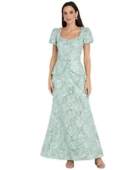 R M Richards Womens Puff Sleeve Peplum Ball Gown