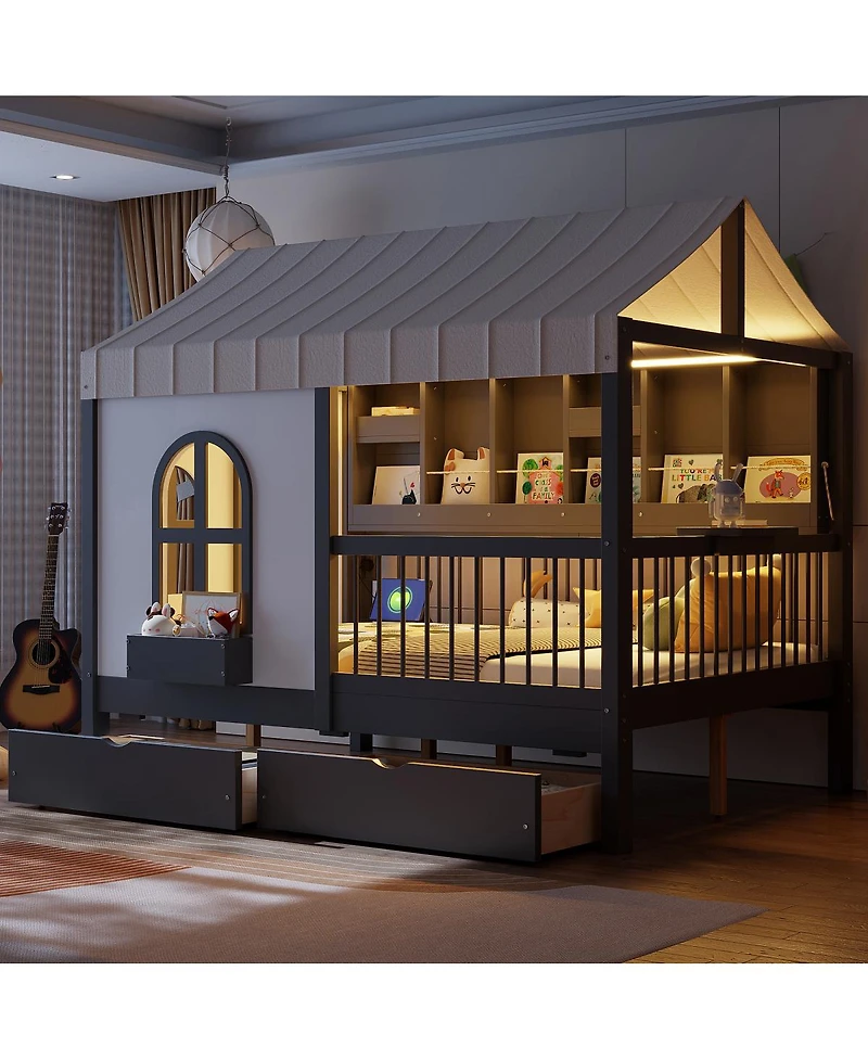 Streamdale Furniture Full Size House Bed with 2 Large Drawers, Side Bookshelf with Led Strip