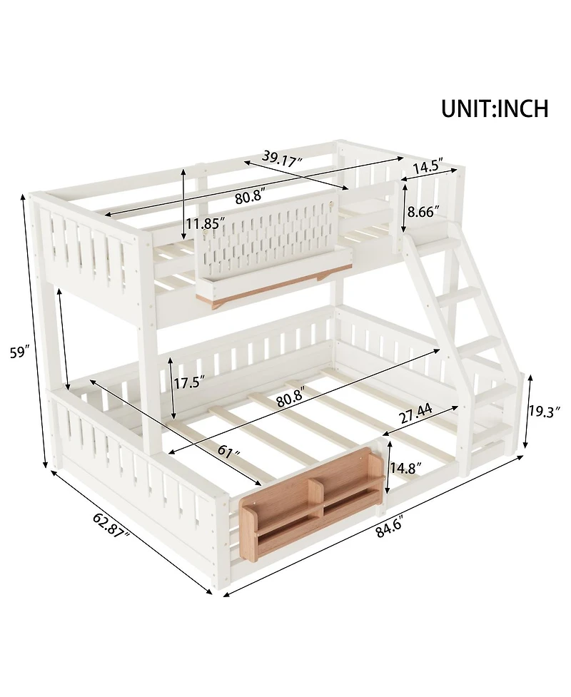 Streamdale Furniture Twin Xl over Queen Bunk Bed with Ladder, Guardrails, Pegboard & Bookshelf