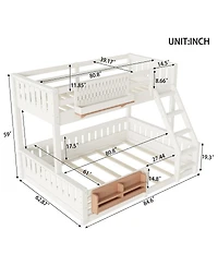 Streamdale Furniture Twin Xl over Queen Bunk Bed with Ladder, Guardrails, Pegboard & Bookshelf