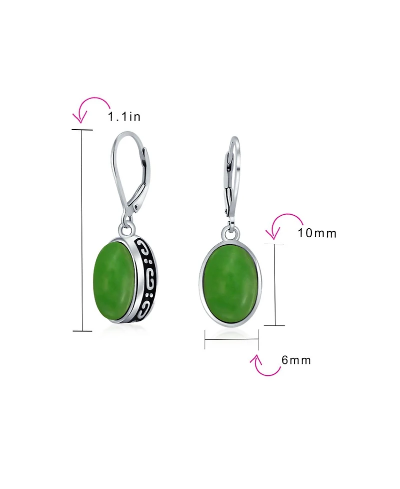 Bling Jewelry 3.2CT Bezel Simulated Jade Green Quartz Oval Dangle Earrings .925 Sterling Silver Set Lever-back