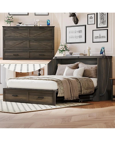 Streamdale Furniture Queen Farmhouse Murphy Cabinet Bed with Charging Station & Storage Drawer