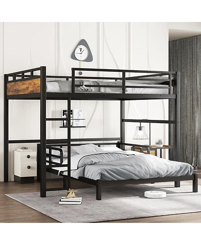 Streamdale Furniture Queen over Queen Metal Bunk/Loft Bed with Security Fence, Vintage Wood-Colored
