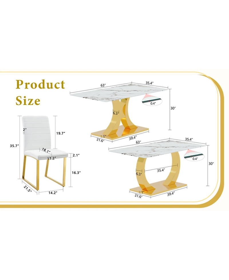 Streamdale Furniture Marble patterned glass dining chair set with gold decoration