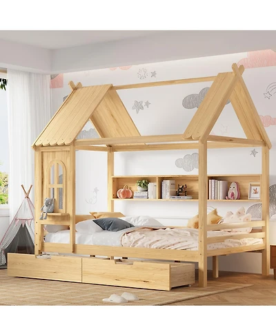 Streamdale Furniture Full House Beds with Storage Drawers and Window, Solid Wood Platform Bed Frame