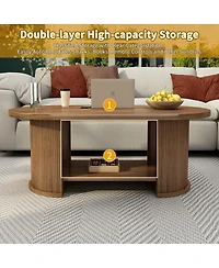 Streamdale Furniture Oval Fluted Coffee Table, 47" Farmhouse Wood, Mid-Century 2-Tier with Storage
