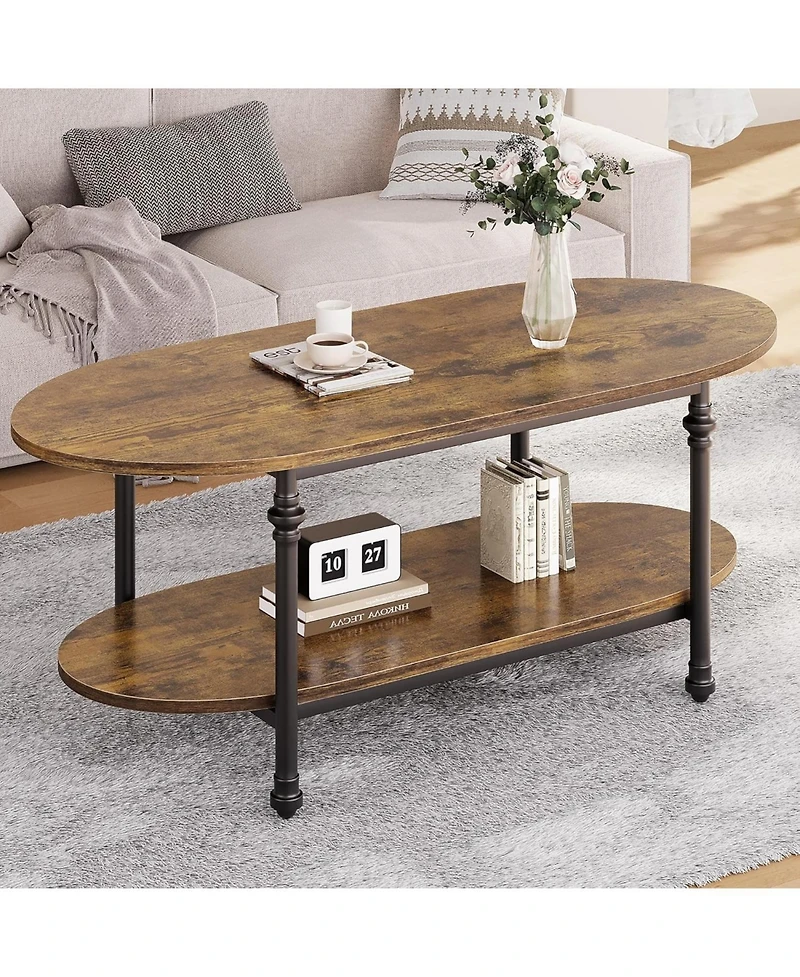 gaomon Farmhouse Oval Coffee Table, 2 Tier Center Table with Open Storage, Modern Industrial Tea Table