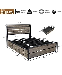 Streamdale Furniture Queen Bed Frame with Storage Headboard & 12 Drawers, Metal Platform