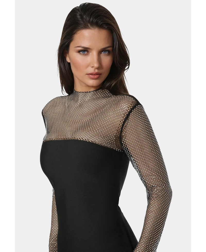 Bebe Women's Long Sleeve Midi Dress With Crystal Mesh Combo