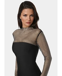 Bebe Women's Long Sleeve Midi Dress With Crystal Mesh Combo