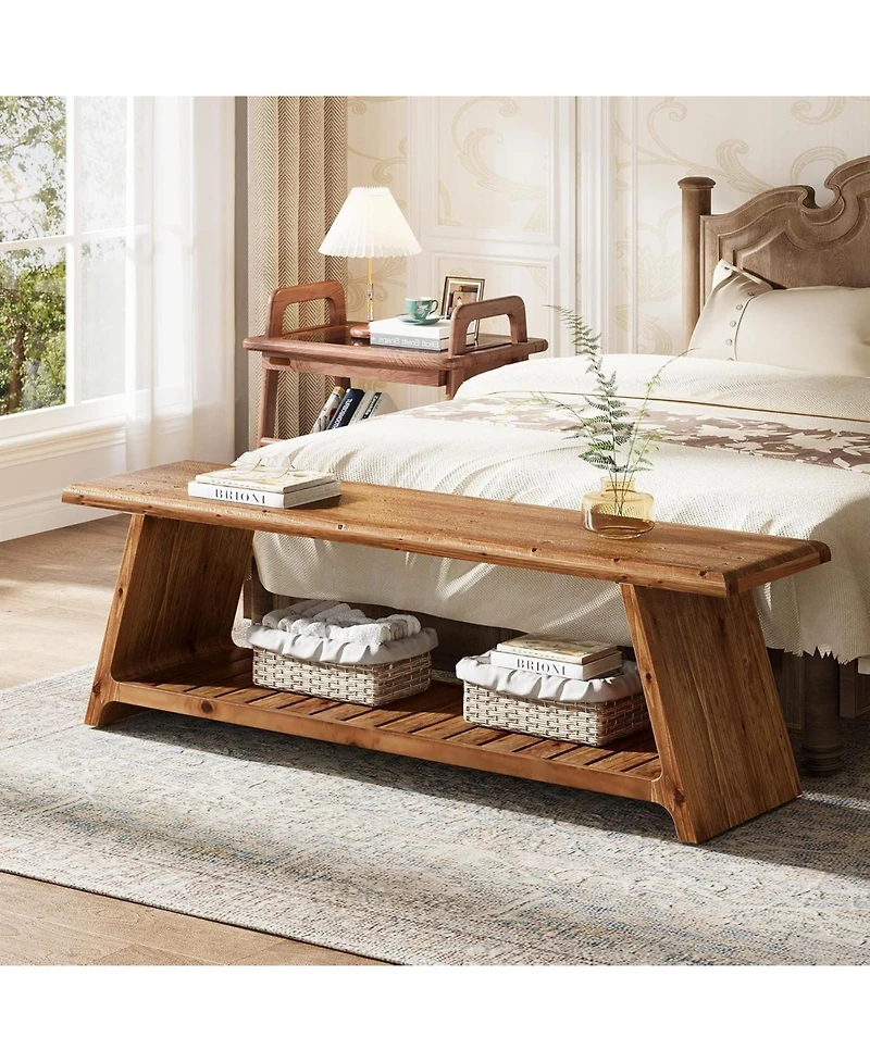 Tribesigns 63-Inch Long Solid Wood Entryway Bench, Farmhouse Narrow Shoe Bench Seat, End of Bed with Storage