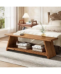 Tribesigns 63-Inch Long Solid Wood Entryway Bench, Farmhouse Narrow Shoe Bench Seat, End of Bed with Storage