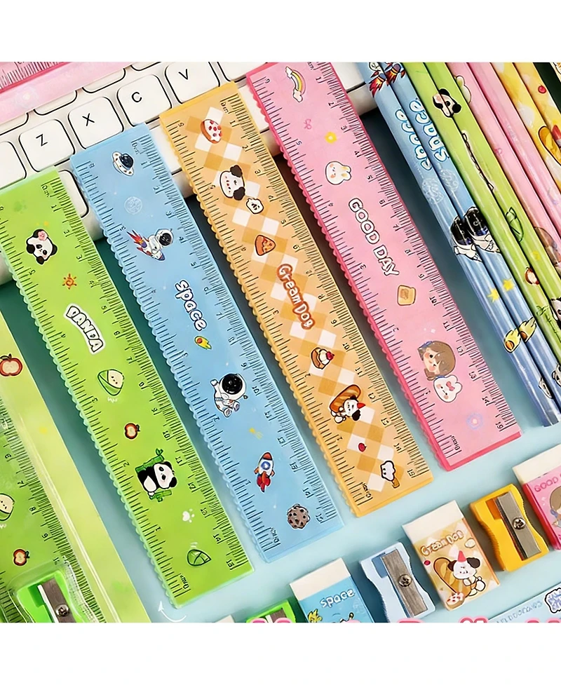Htutwoo 5PCS Cartoon Pencil Stationery Set, Eraser, Ruler, Pencil Sharpener and 2 Pencils