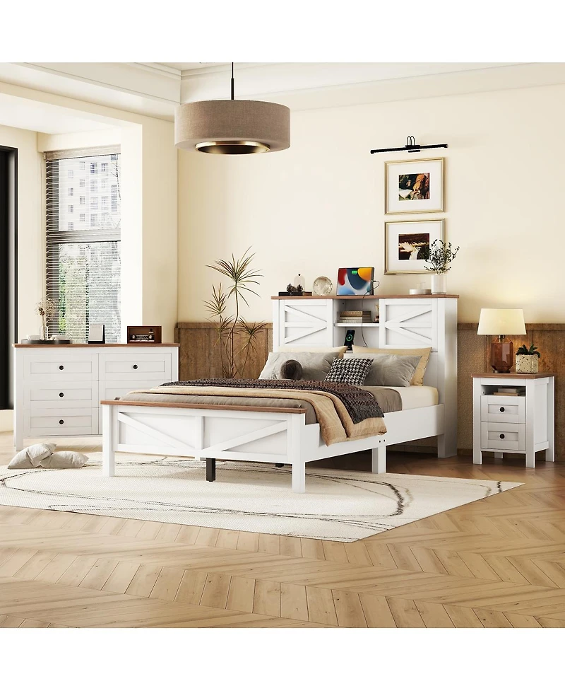 Streamdale Furniture 3-Piece Farmhouse Full Bed Set w/ Sliding Door Headboard, Nightstand & Dresser