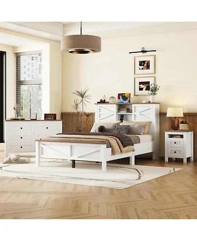 Streamdale Furniture 3-Piece Farmhouse Full Bed Set w/ Sliding Door Headboard, Nightstand & Dresser