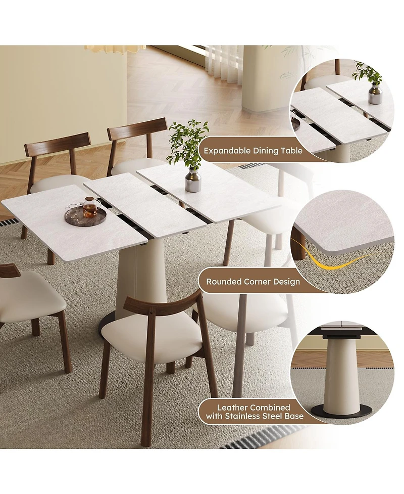 Streamdale Furniture Retractable Rock Slab Dining Table Set, 7-Piece Expandable Table with 6 Chairs & Leather Base