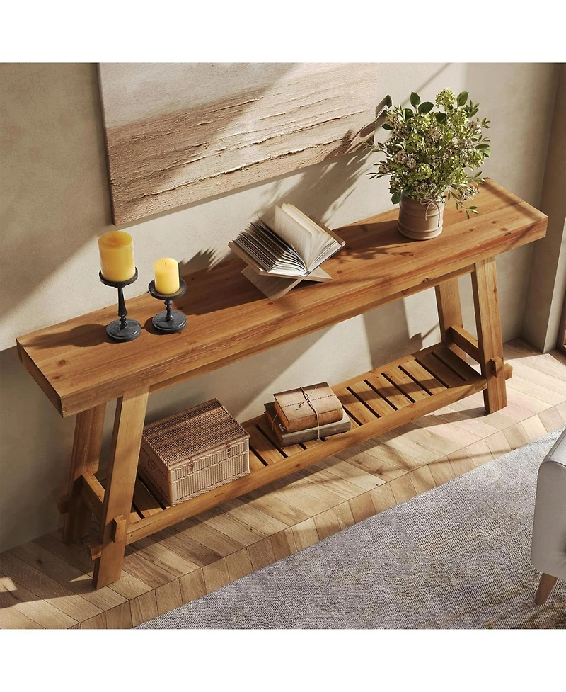 Tribesigns 63" Solid Wood Console Table, 2-Tier Farmhouse Entryway & Sofa Table, Brown