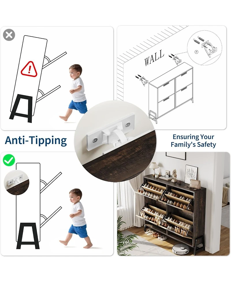 gaomon Cabinet Storage with 4 Flip Drawers, Freestanding Narrow Shoe Storage Organizer with 3-Tier Adjustable Shelves for Entryway