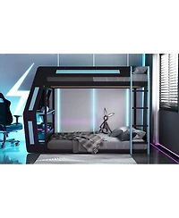 Streamdale Furniture Full-Size Gaming Bunk Bed with Rgb Desk, Usb Ports, Led Strip & Cable Grommet - Green