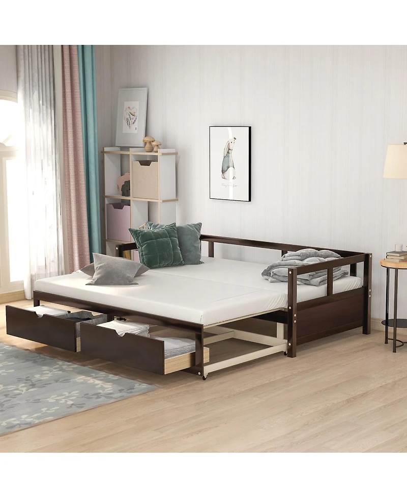 Streamdale Furniture Wooden Daybed with Trundle and Storage Drawers, Extendable Sofa Bed