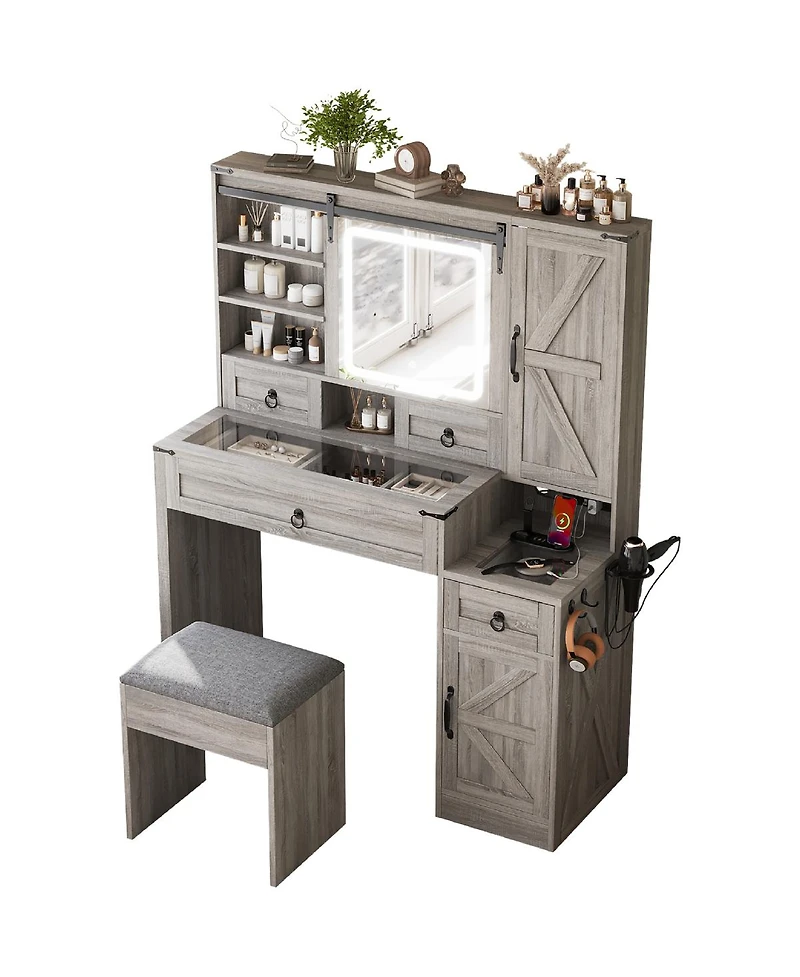 Streamdale Furniture Farmhouse Vanity Desk with Sliding Mirror, Lights, Charging