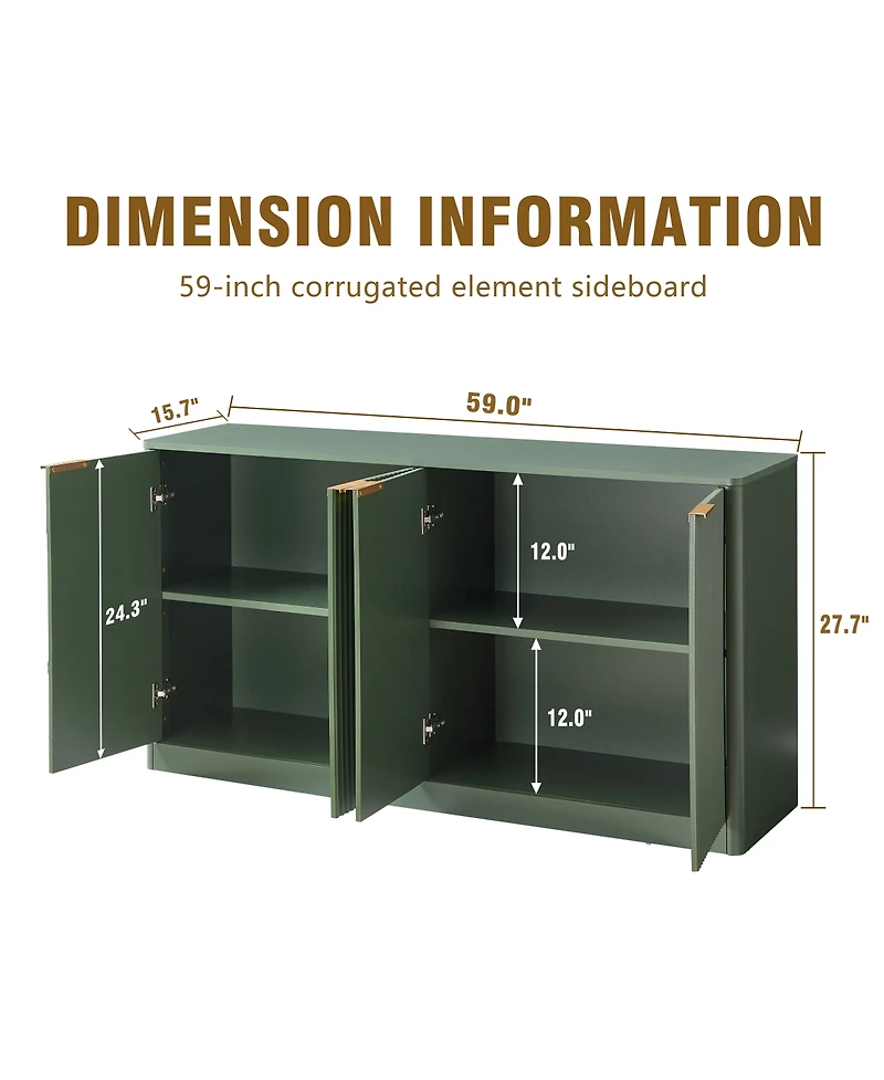 Streamdale Furniture 59-inch Modern Wavy Sideboard, Curved Contour 4-Door Storage Cabinet, Green