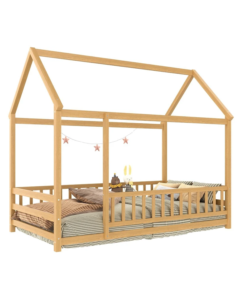 Streamdale Furniture Twin Size Floor Wooden Bed with House Roof Frame