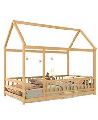 Streamdale Furniture Twin Size Floor Wooden Bed with House Roof Frame
