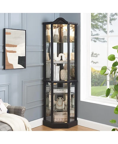 Streamdale Lighted Glass Display Corner Curio Cabinet with Adjustable Shelves - Black