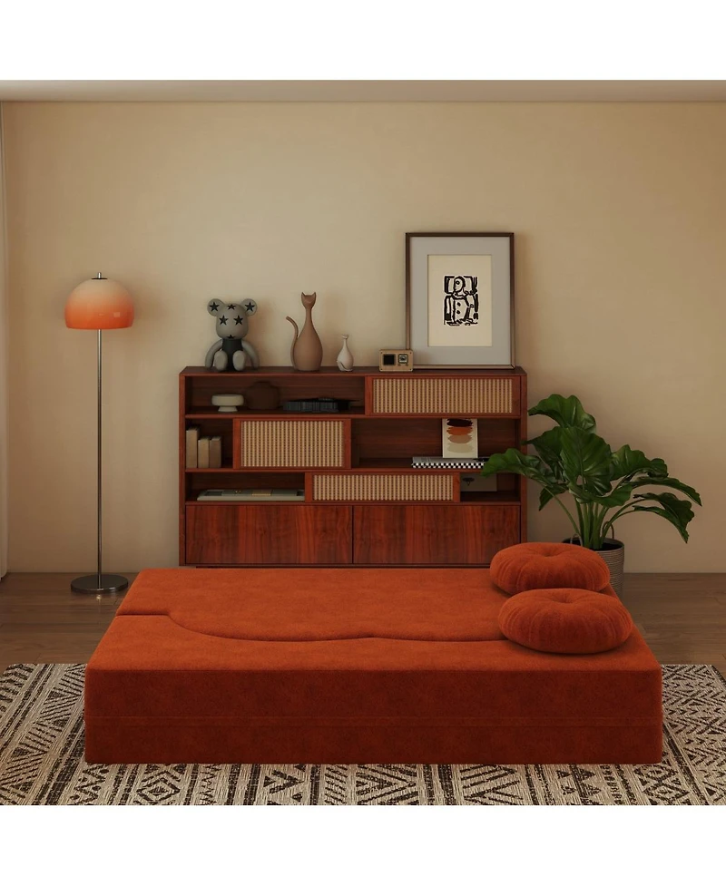 Streamdale Furniture Modern Floor Sofa with 2 Pillows, Convertible Plush Corduroy Sleeper Sofa Bed