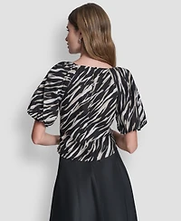 Dkny Women's Printed Scoop-Neck Short-Puff-Sleeve Top