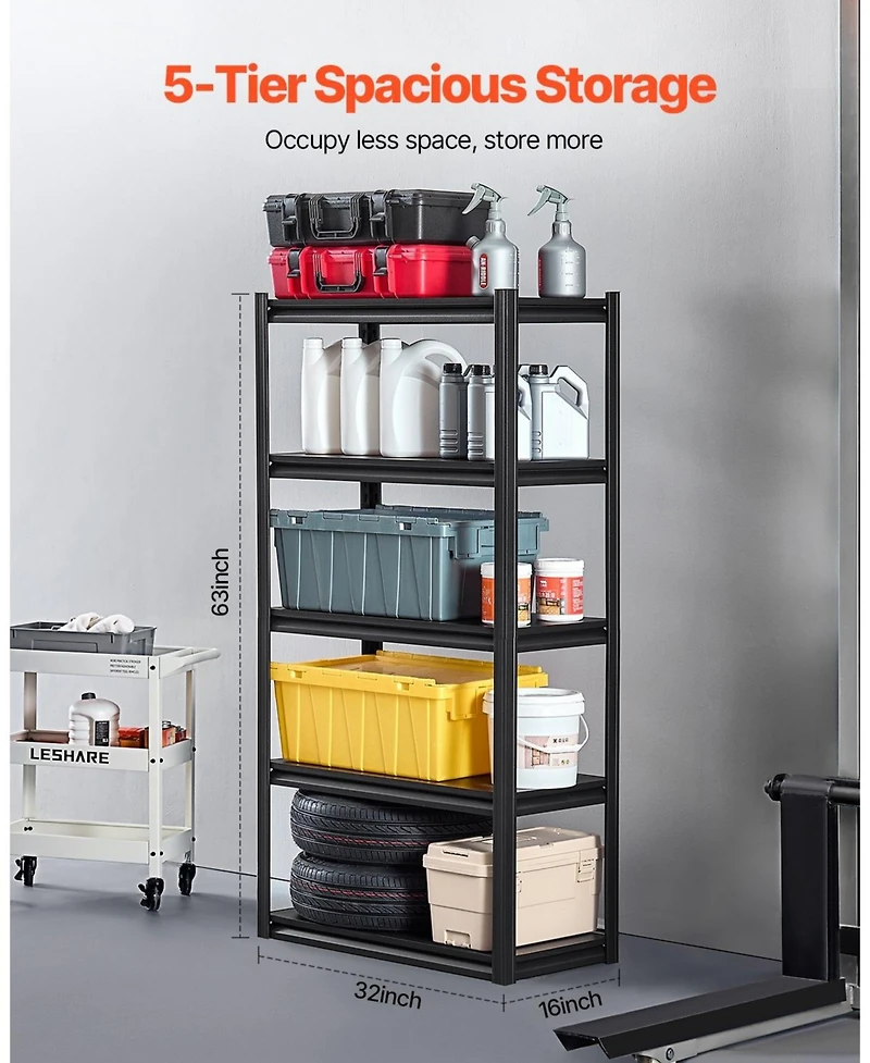 Mecale 5-Tier Garage Storage Shelves, 16"D x 32"W x 63"H, 2000 lb Capacity, Adjustable Metal Utility Shelving Rack, Black