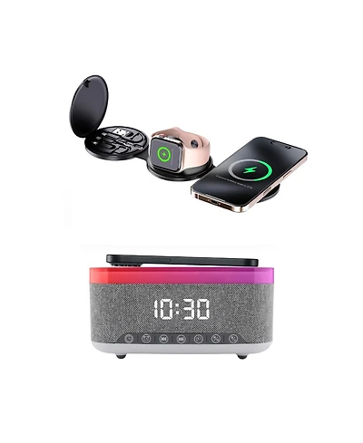Pursonic Ultimate 5-in-1 Tech Bundle: Folding Wireless Charger & Multi-Function Bedside Alarm Clock